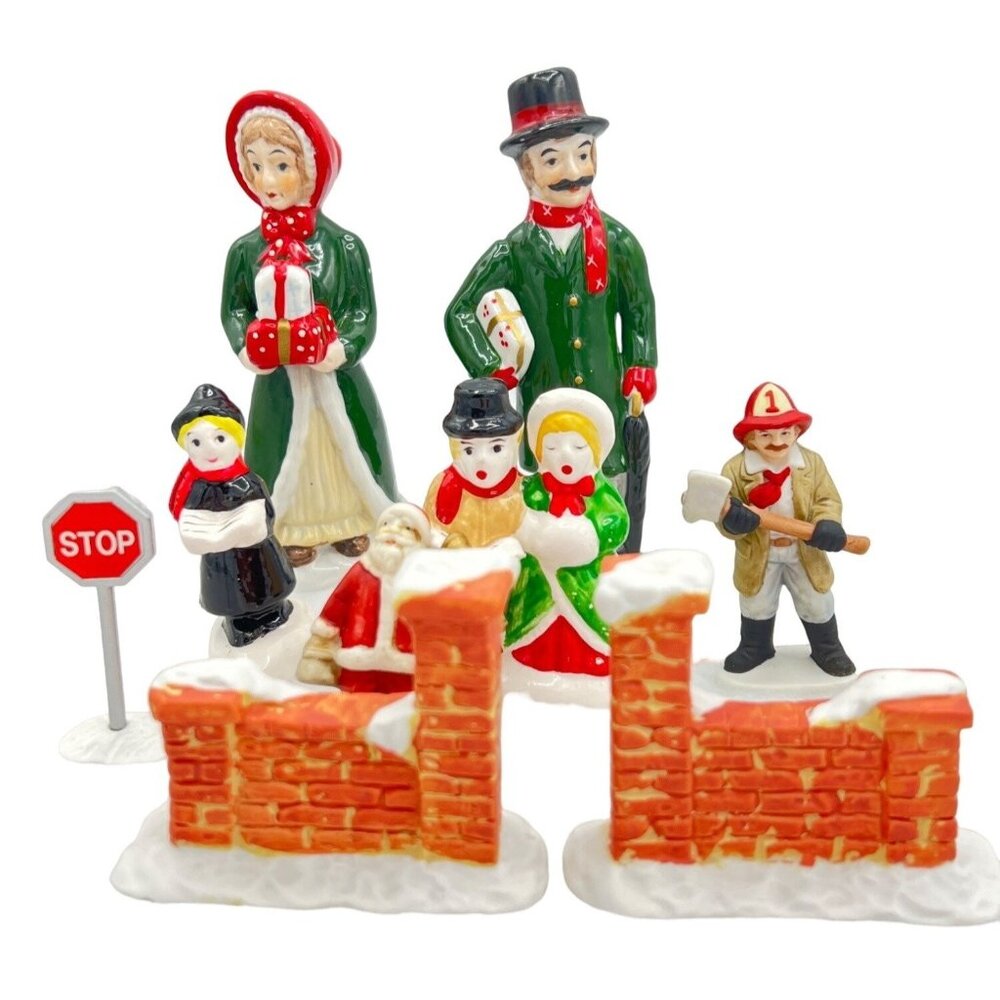 Vintage Christmas Village Figurine Set With Carolers & Santa Brick Walls Fireman
